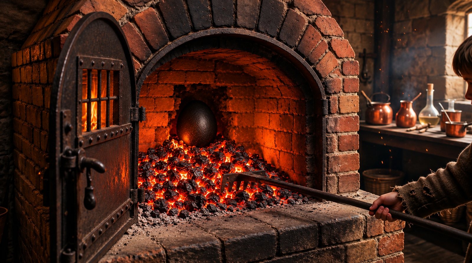 A small black stone, shaped like an egg, sits in a hollow at the back of a brick furnace where two old bricks have crumbled away, above a bed of glowing coals, while a boy reaches in with a long iron rake.
