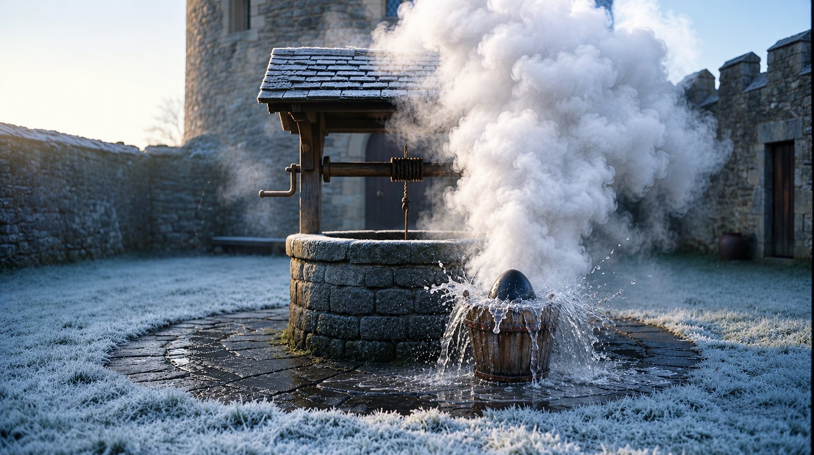 A frosty tower courtyard at dawn: a huge cloud of steam explodes out of a wooden bucket beside the well, water splashing over the rim around a black egg-shaped stone.