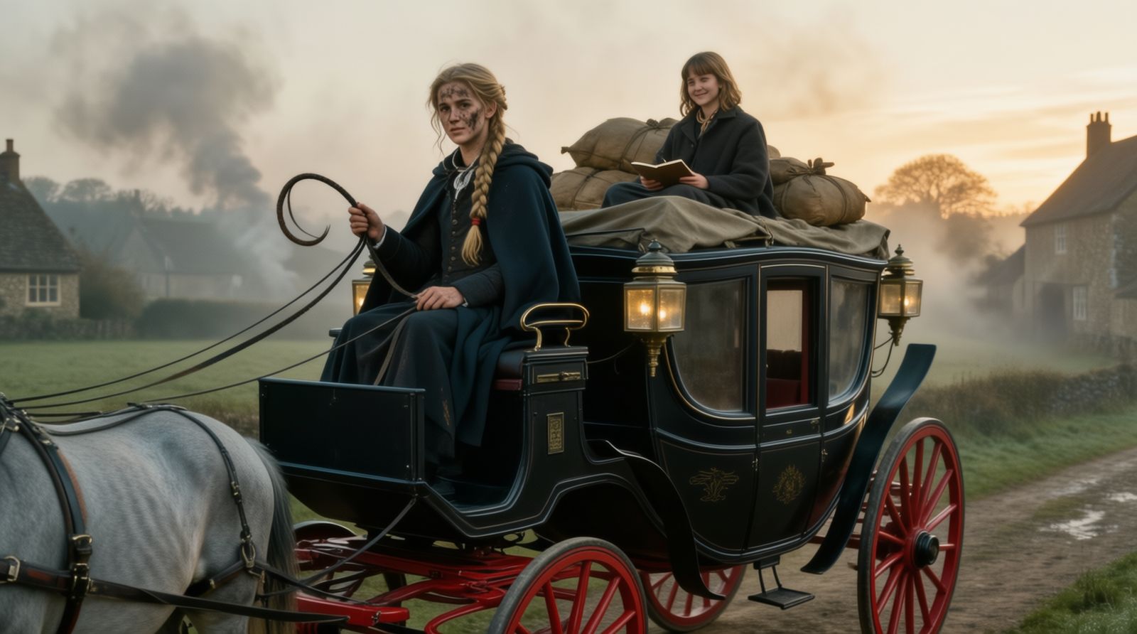 Lauren on the box of a black and red mail coach in the early morning mist, the reins in her hands, with a younger girl reading on the roof among the mail bags.