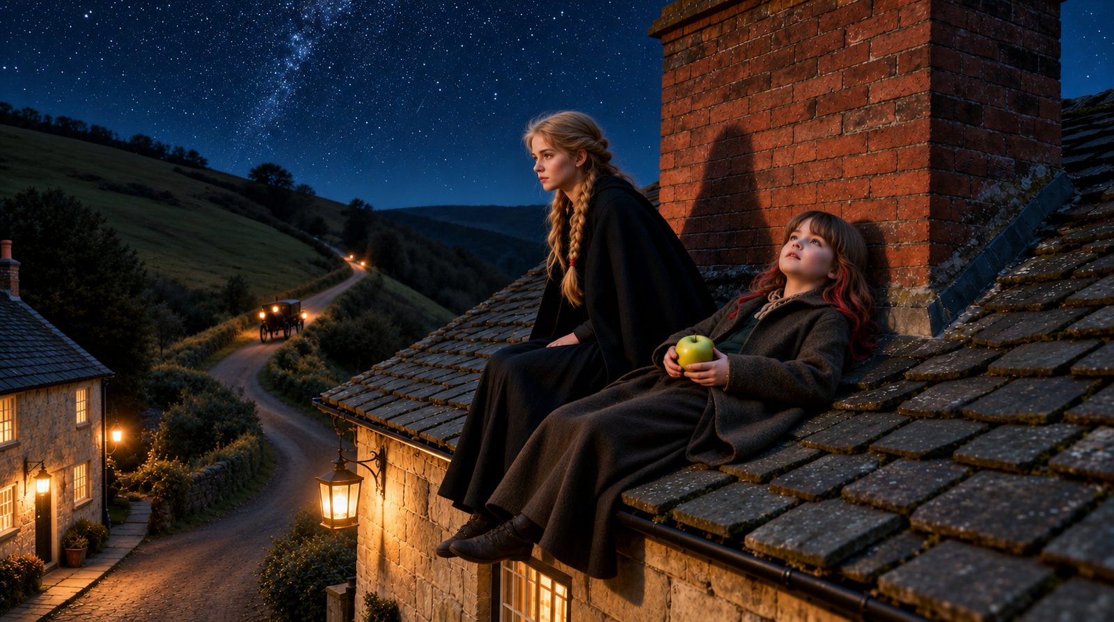 Night on the inn roof: Lauren, in a dark cape with a long fair plait, watches a coach's lamps come down the hill road, while a younger girl with red streaks in her hair leans against the chimney holding an apple.